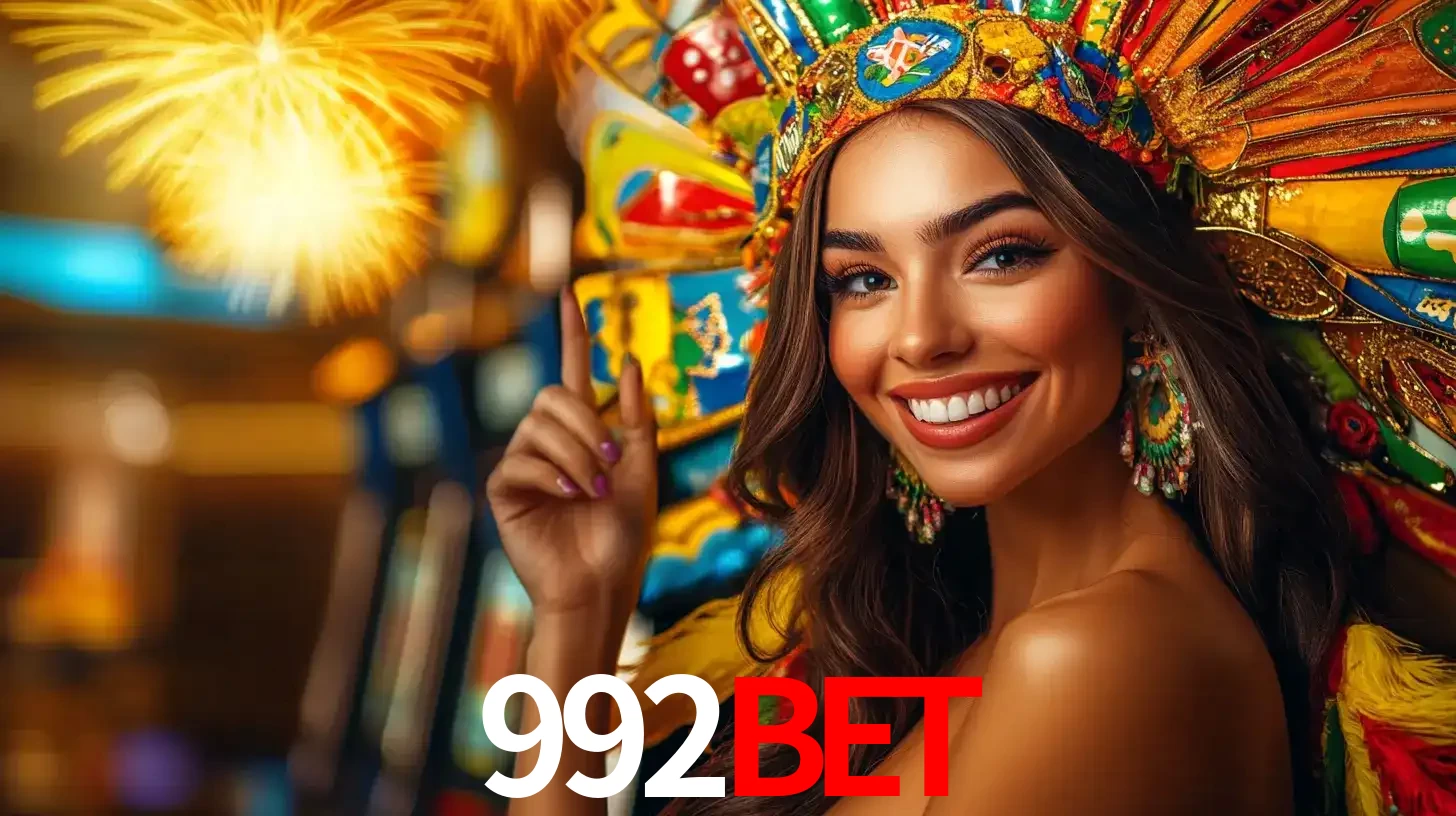 Mulher sorridente com um cocar de carnaval vibrante e colorido, celebrando uma grande vitória nos jogos do cassino 992BET com fogos de artifício ao fundo.