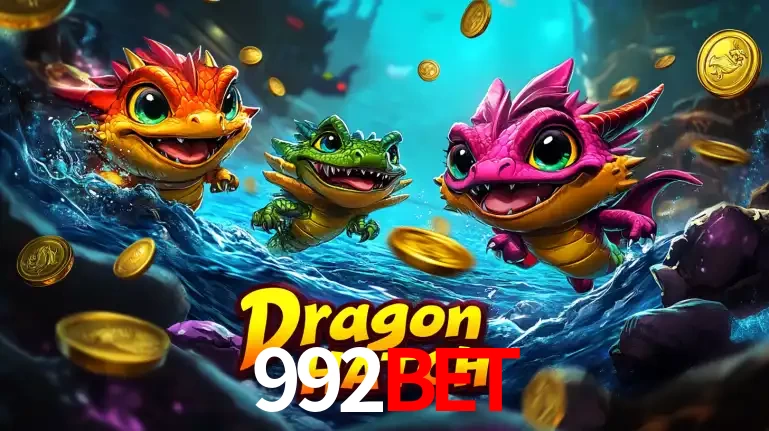 Arte promocional do jogo Dragon Hatch com três adoráveis dragões bebês nadando entre moedas de ouro, um dos slots mais divertidos para jogar no cassino 992BET.
