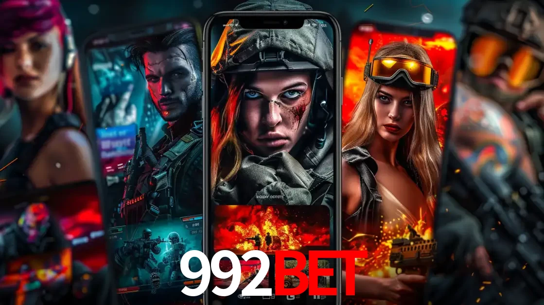 Montagem de telas de celular mostrando diversos personagens, masculinos e femininos, de um jogo de tiro, ilustrando a diversidade de equipes de e-sports para apostar no 992BET.