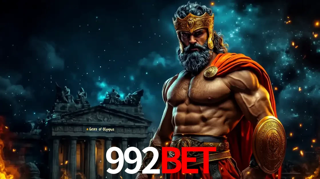 O poderoso Zeus do jogo de slot Gates of Olympus em frente ao seu templo, pronto para lançar multiplicadores divinos e prêmios épicos no cassino online 992BET.