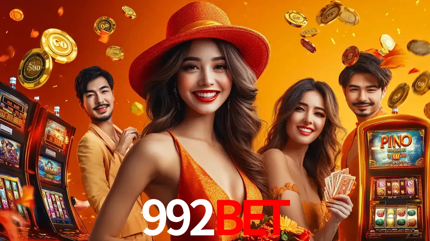 Grupo de amigos asiáticos sorrindo e se divertindo com máquinas de caça-níqueis em um ambiente festivo, celebrando suas vitórias nos jogos de cassino do 992BET.