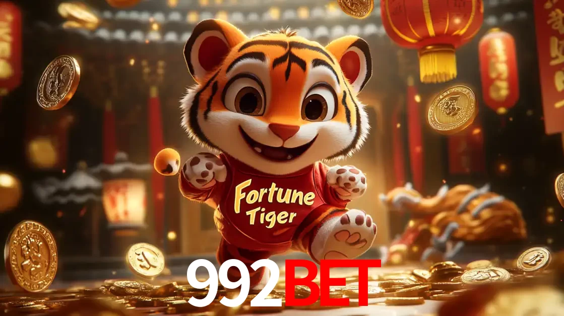 O alegre personagem do Fortune Tiger correndo sobre um caminho de moedas de ouro, simbolizando os grandes prêmios e a diversão do popular jogo de slot do 992BET.