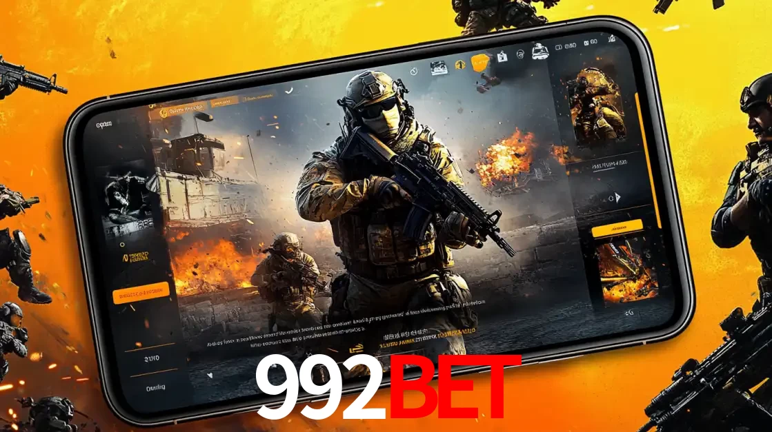 Um smartphone exibindo a interface de um jogo de tiro em primeira pessoa, com um soldado em um cenário de batalha, representando a ação dos e-sports para apostar no 992BET.