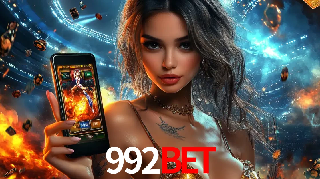 Mulher segurando um celular com um jogo de slot em destaque, tendo como fundo um estádio vibrante, simbolizando a emoção de jogar no cassino móvel 992BET.